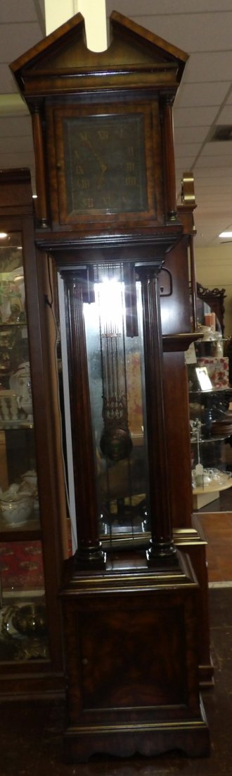 MAITLAND-SMITH MAHOGANY GRANDFATHER CLOCK: Maitland-Smith Mahogany Tall Grandfather Clock. Measures 93" tall x 21-1/2" wide x 13-1/2" deep. Includes Makers Label (see photos). Overall condition is good. Starting Bid $150. Auction Estimate $350