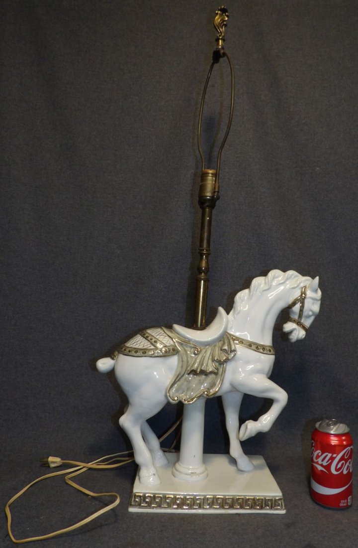 CAPODIMONTE PORCELAIN HORSE TABLE LAMP: Vintage Italian Capodimonte Porcelain Horse Table Lamp. Measures 34" tall x 16" wide x 6-1/2" deep. Overall condition is very good. No damage. No shade. Starting Bid $30. Auction Estimate $80 - $120.