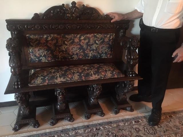 ANTIQUE ITALIAN RENAISSANCE REVIVAL CARVED BENCH: Spectacular, Antique Italian Renaissance Revival Carved Walnut Bench. Circa 1880's. Heavily Carved. High Quality. Measures 48" tall x 53" wide x 18" deep. Overall condition is very good. No damage. St