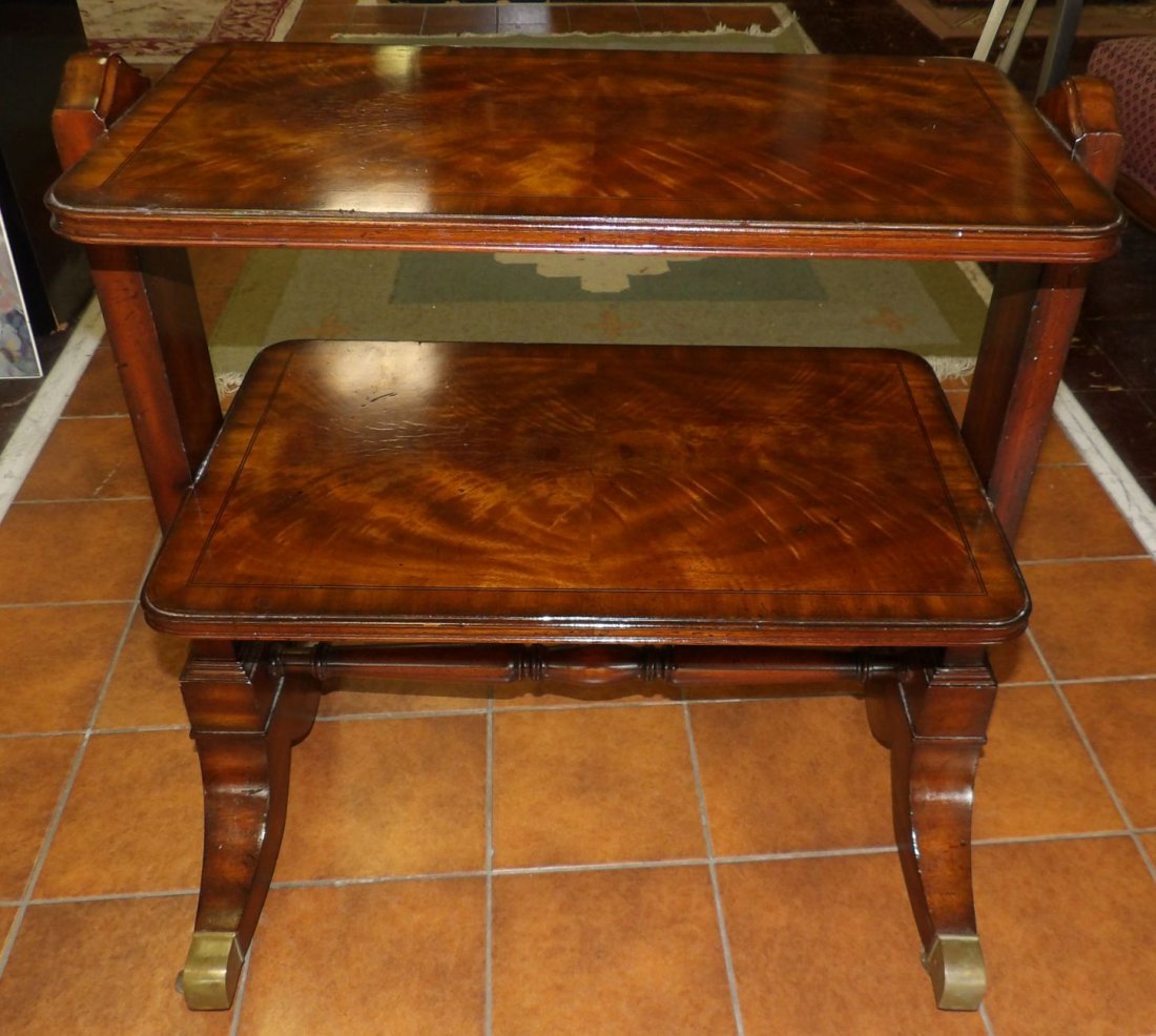 VINTAGE MAITLAND-SMITH MAHOGANY TIER TABLE: Vintage Maitland-Smith Mahogany 2 Tier Side Table. Measures 27" tall x 25" wide x 16-1/2" deep. Overall condition is good. Some minor wear to finish. Starting Bid $200. Auction Estimate $300 - $400.
