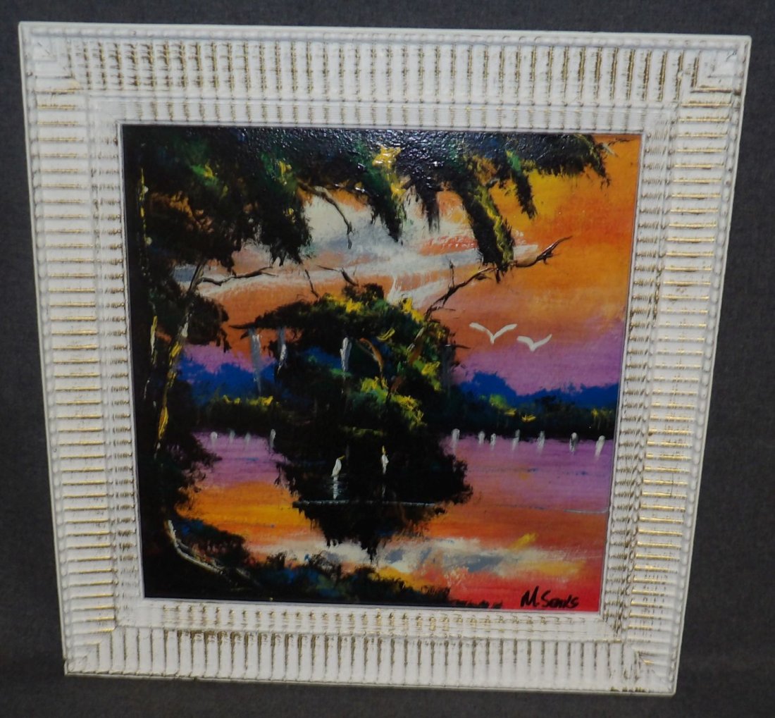 FLORIDA HIGHWAYMAN PAINTING by MICHAEL SEARS: Original, modern-day Florida Highwayman painting by contemporary artist, Micheal Sears. Oil on Masonite. Nicely framed. Artist Signed. Frame measures 19-1/2" tall x 19-1/2" wide. Condition is very goo