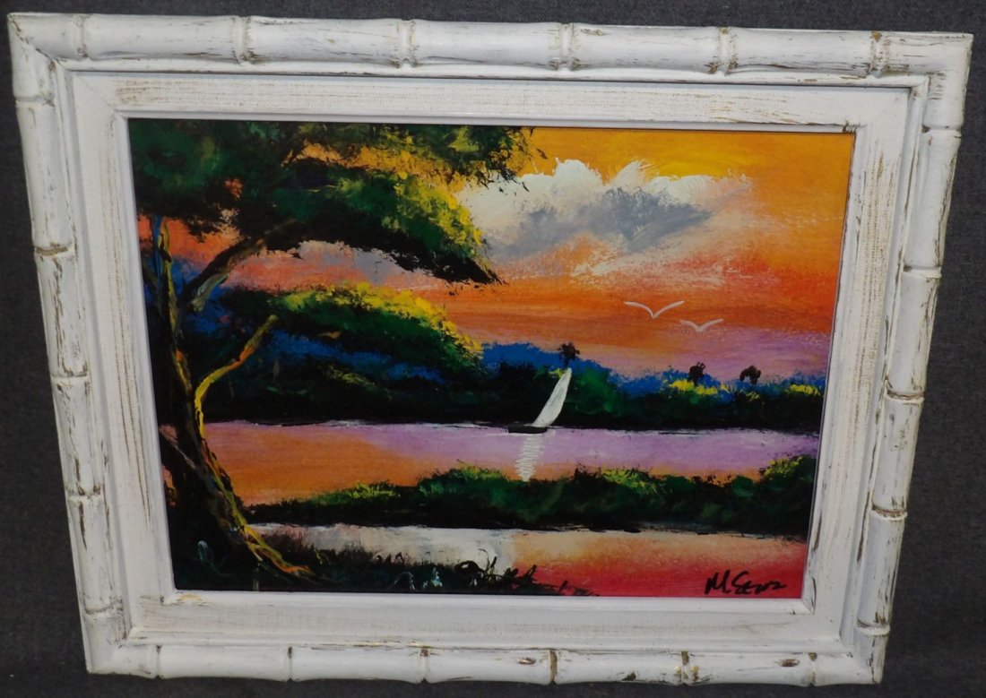 FLORIDA HIGHWAYMAN PAINTING by MICHAEL SEARS: Original, modern-day Florida Highwayman painting by contemporary artist, Michael Sears. Large Oil on Masonite. Nicely framed. Artist Signed. Frame measures 15-1/2" tall x 20" wide. Condition is very g