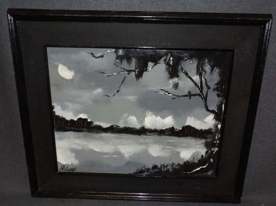 FLORIDA HIGHWAYMAN PAINTING by MICHAEL SEARS: Original, modern-day Florida Highwayman painting by contemporary artist, Michael Sears. Large Oil on Masonite. Nicely framed. Artist Signed. Frame measures 20" tall x 24" wide. Condition is very good.