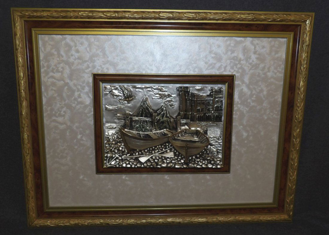 FRAMED SILVER 3-D PLAQUE with BOATS (1 of 5)