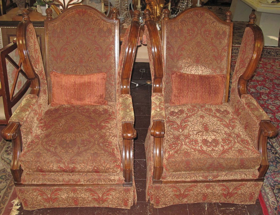 PAIR of LOUNGE CHAIRS by CENTURY FURNITURE: Pair (2) of unusual Lounge Chairs by Century Furniture. Each measure 48" tall x 37" wide x 44" deep. Condition is good. No damage. Starting Bid $150. Auction Estimate $550 - $700.