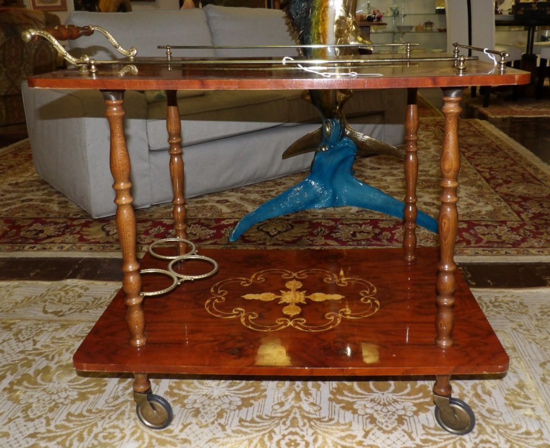 VINTAGE ITALIAN INLAID TEA CART: Vintage Italian Inlaid Tea Cart. Measures 29-1/2" tall x 32-1/2" wide x 20" deep. Overall condition is good. No damage. Starting Bid $150. Auction Estimate $250 - $400.
