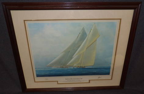 TIM THOMPSON PRINT "YACHTS of the AMERICA CUP": Framed & Double Matted Sailing Print Titled "The Big Racing Cutters" by Tim Thompson. "Yachts of the Americas Cup" Series. Frame measures 25" tall x 31" wide. Overall condition is very good. No damage