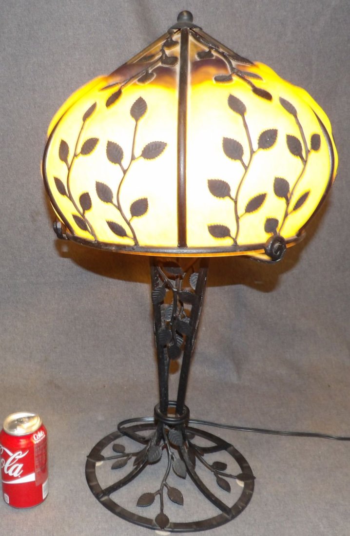 ART DECO STYLE TABLE LAMP: Art Deco "Edgar Brandt" Style Table Lamp with Art Glass Shade. Lamp measures 25-1/2" tall x 16" wide. Condition is Excellent. Mint. No damage. Starting Bid $100. Auction Estimate $350 - $500.