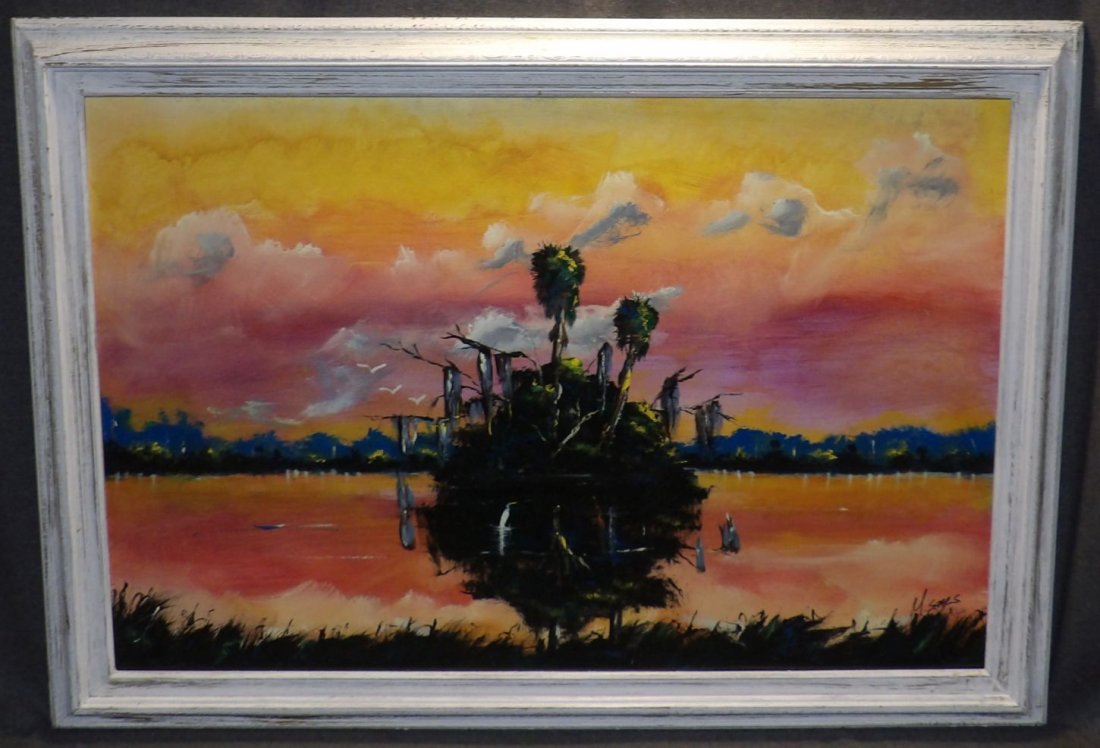 FLORIDA HIGHWAYMAN PAINTING by MICHAEL SEARS: Original, modern-day Florida Highwayman painting by contemporary artist, Michael Sears. Oil on Masonite. Nicely framed. Artist Signed. Frame measures 29-1/2" tall x 41-1/2" wide. Condition is very goo