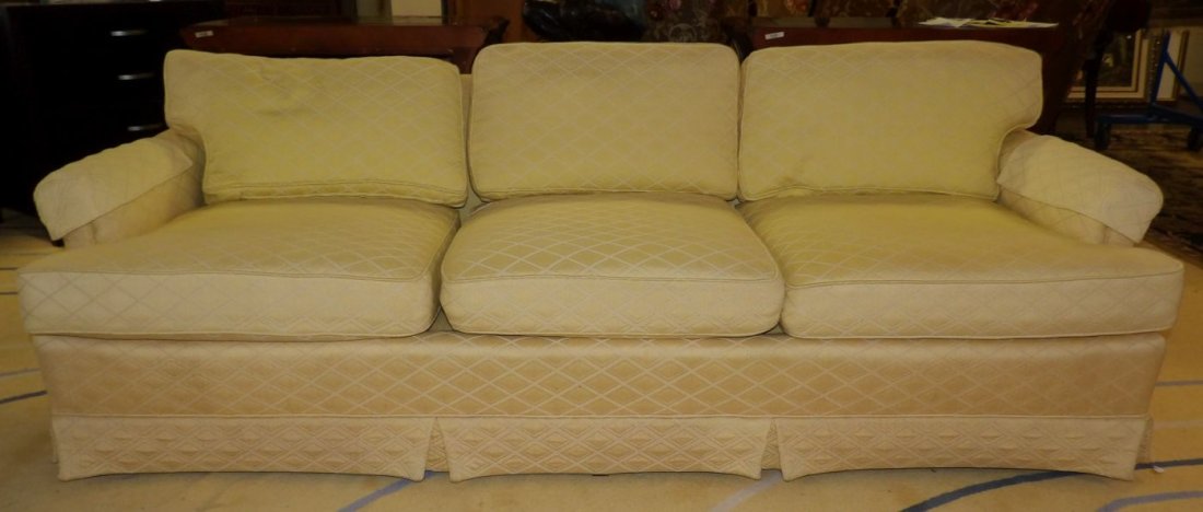 VINTAGE HENREDON SOFA: Vintage Henredon Yellow Sofa. Measures 30" tall x 88" wide x 35" deep. Condition is good. Some wear to finish. Starting Bid $40. Auction Estimate $100 - $300.