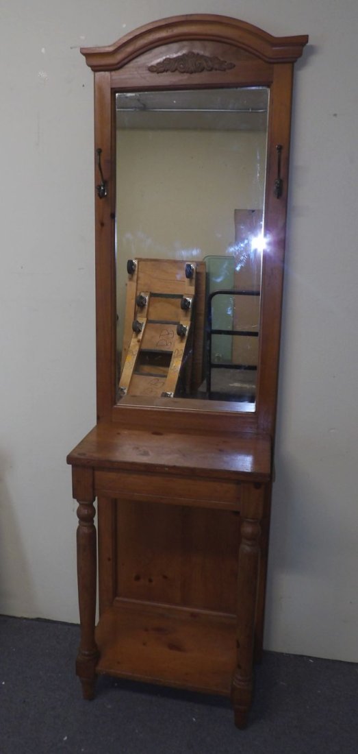 VINTAGE PINE HALL STAND: Vintage Pine Hall Stand. Measures 72" tall x 23" wide x 12" deep. Condition is good. Some Wear. No damage. Starting Bid $30. Auction Estimate $60 - $80.