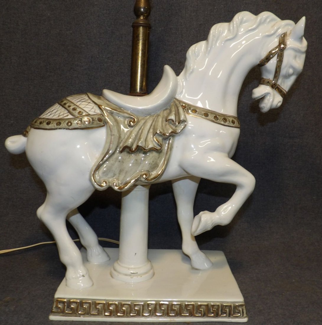 CAPODIMONTE PORCELAIN HORSE TABLE LAMP: Vintage Italian Capodimonte Porcelain Horse Table Lamp. Measures 34" tall x 16" wide x 6-1/2" deep. Overall condition is very good. No damage. No shade. Starting Bid $10. Auction Estimate $50 - $80.