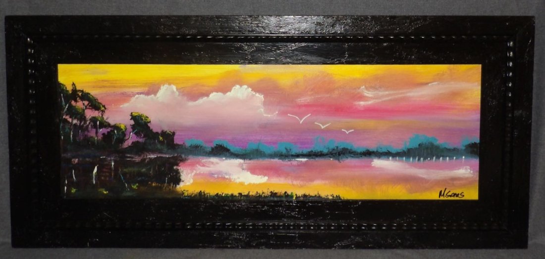FLORIDA HIGHWAYMAN PAINTING by MICHAEL SEARS: Original, modern-day Florida Highwayman painting by contemporary artist, Michael Sears. Oil on Masonite. Nicely framed. Artist Signed. Frame measures 20" tall x 44" wide. Condition is very good. Micha