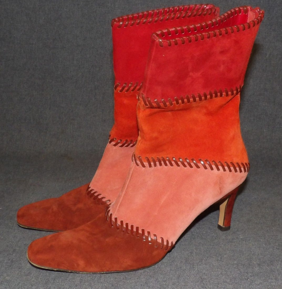 VINTAGE SALVATORE FERRAGAMO HIGH HEEL SUEDE BOOTS: Vintage Salvatore Ferragamo Red Color-block Leather Stitched High Heel Suede Calf Boots. Size 7.5. Condition is good. No damage. Minimal wear. Starting Bid $20. Auction Estimate $60 - $120.
