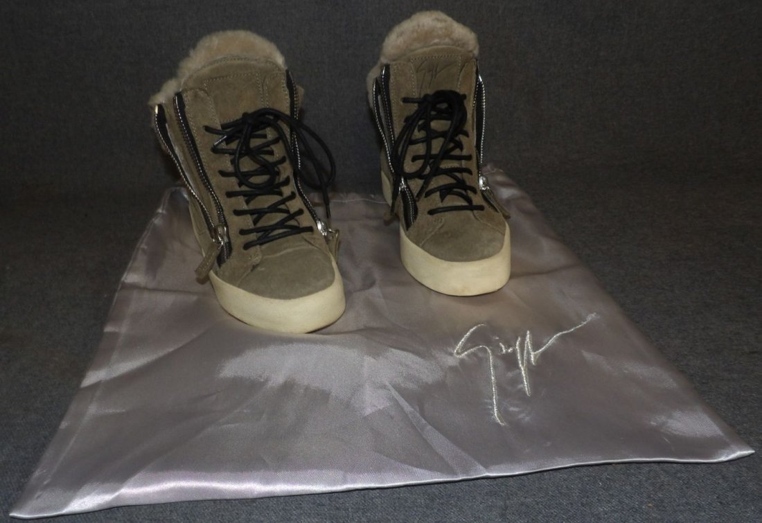 GUISEPPE ZANOTTI "KRIS WINTER" BOOTS: Guiseppe Zanotti "Kris Winter" Mid-top sneakers. Size 7.5. Crafted from taupe velour with matching sheepskin inner lining and tone-on-tone cotton laces, featuring a silver metal 'Signature' detail on 