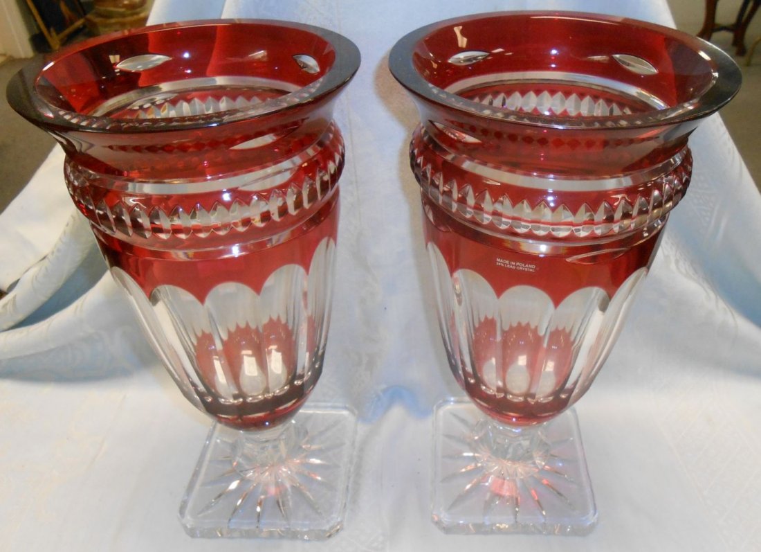 Pair (2) of Ruby Red European Cut Crystal Vases (1 of 2)