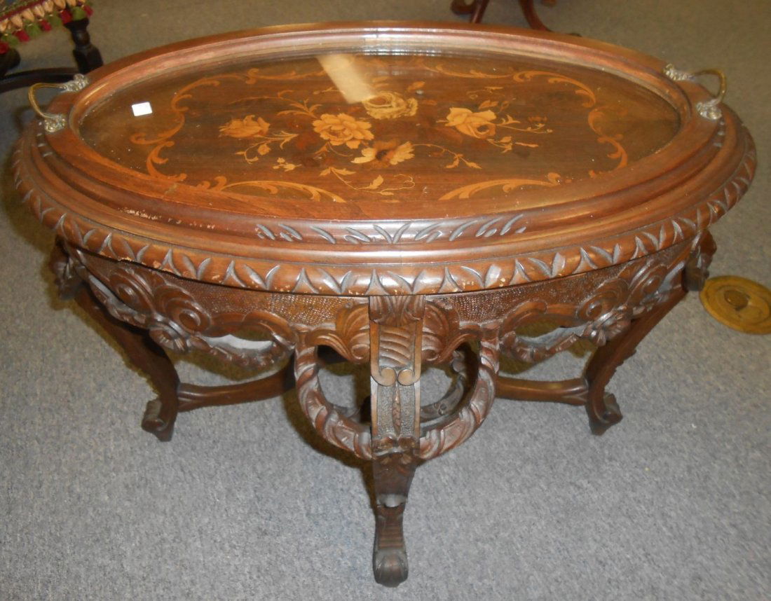 Antique Carved Side Table with Removable Glass Serving (1 of 5)