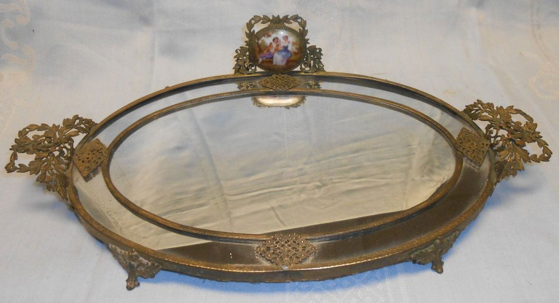 Antique Mirrored Vanity Tray with Porcelain Plaque (1 of 4)
