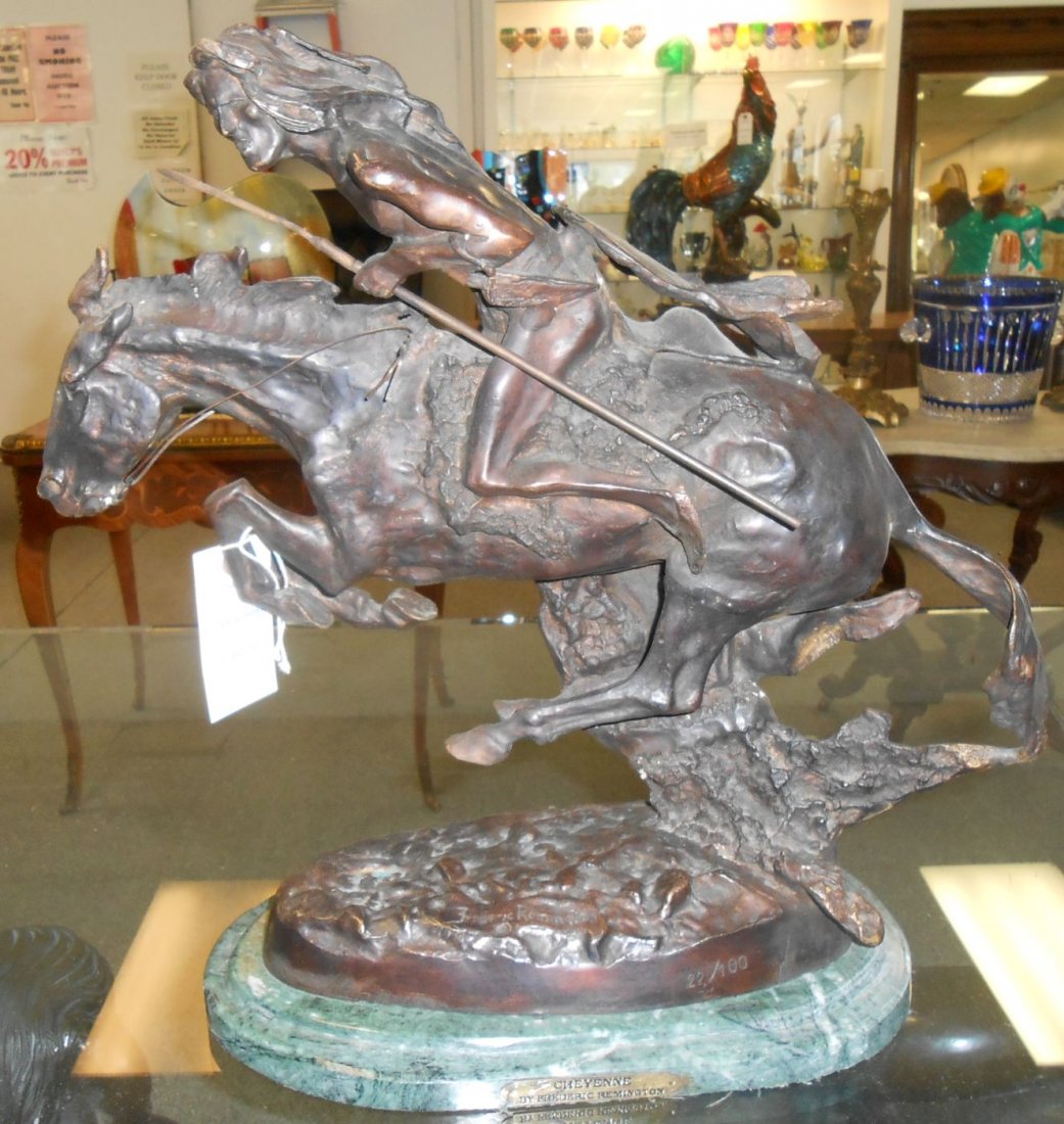 Bronze Western Sculpture after Remington "Cheyenne": Bronze Sculpture after Remington on marble base. Titled "Cheyenne". Signed and numbered 22/100. Measures 19" tall x 21" wide. Condition is excellent. No Damage.