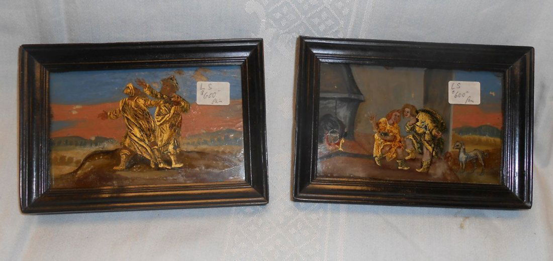 Pair of Antique Oriental Reverse Painted Glass Pictures (1 of 3)