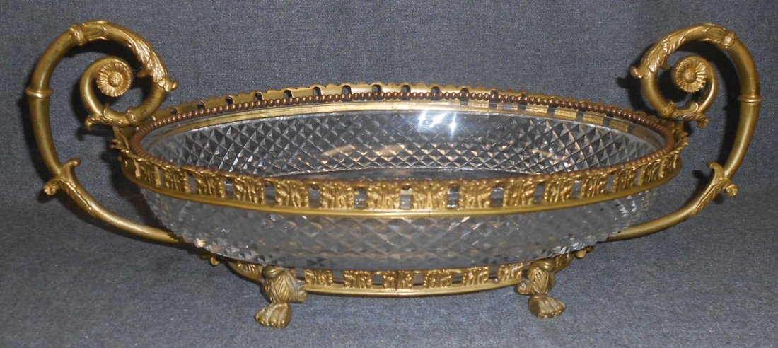 Vintage Bronze and Crystal Center Bowl: Vintage Bronze and Crystal Center Bowl with Handles. Measures 18" wide x 9" deep x 6-1/2" tall. Condition is good. No Damage.