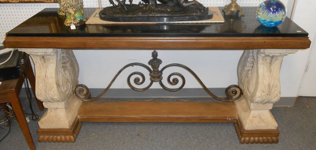 Designer Stone and Iron Console Table Marble Inlay (1 of 5)