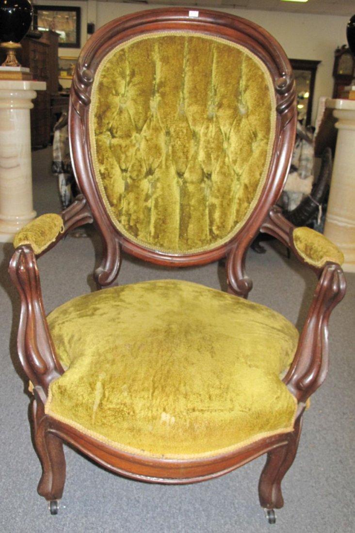 Antique Victorian Parlour Chair: Antique Victorian Parlour Chair. Vintage velvet upholstery. Measures 43" tall x 27" wide.Condition is good with typical surface scratches from age. No damage. Starting bid $100.
