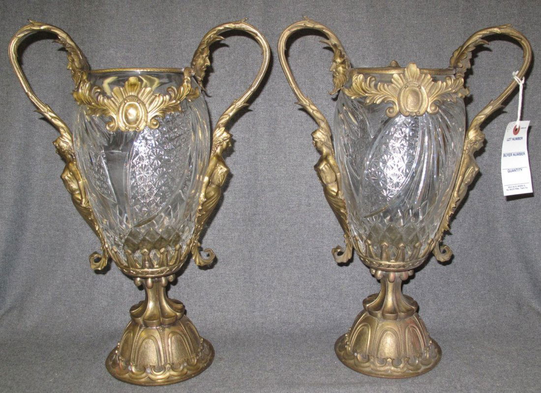 Pair (2) of Heavy Bronze and Crystal Vases (1 of 5)
