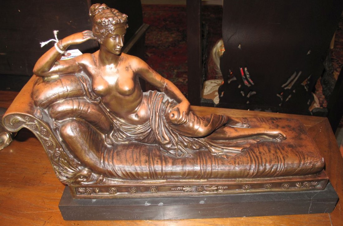 Bronze Sculpture of a Nude Woman on Marble: Bronze Sculpture of a Reclining Nude Woman on Marble base. She measures 13-1/2" tall x 21" wide. Condition is excellent. No damage. Starting Bid $300.