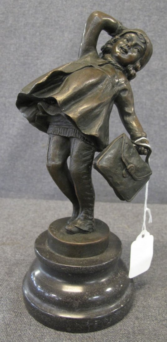 Bronze Girl Sculpture on Marble after Chiparus: Bronze Girl on Marble Base after Chiparus. Signed and Foundry mark. Measures 10" tall. Condition is good. No damage. Starting bid $80.