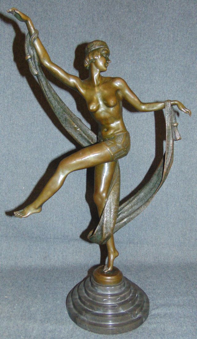 Art Deco Bronze Sculpture Signed Fanny Rozet: French Art Deco style Bronze Sculpture Signed Fanny Rozet. Titled "Ribbon Dancer". Artist signed. Stands 21" tall. Condition is Excellent. No damage. Starting Bid $200.