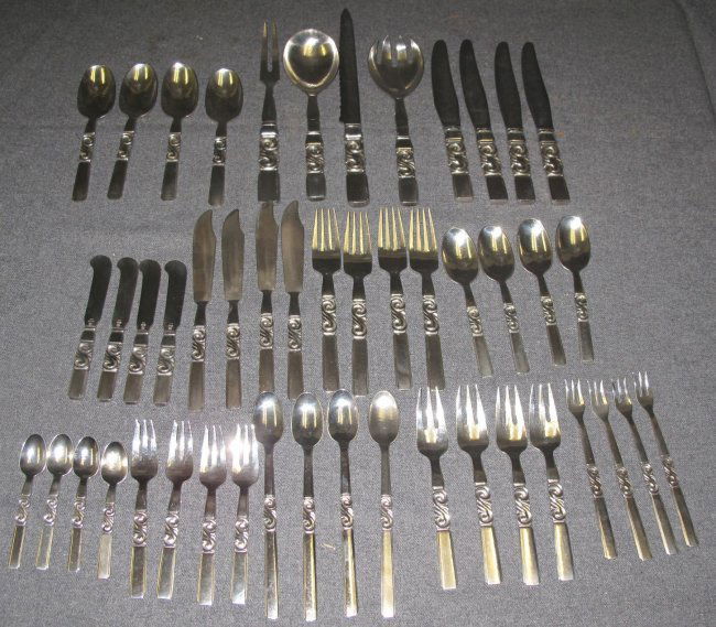 48 piece Georg Jensen Sterling Scroll Flatware Set (1 of 7)