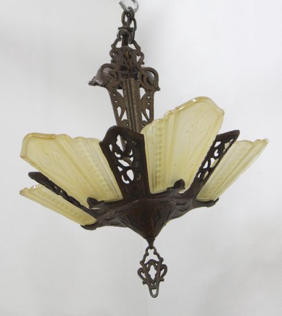 5-Light Deco Chandelier: With original carmel glass slip shades. Approx. 16" H x 16" W.