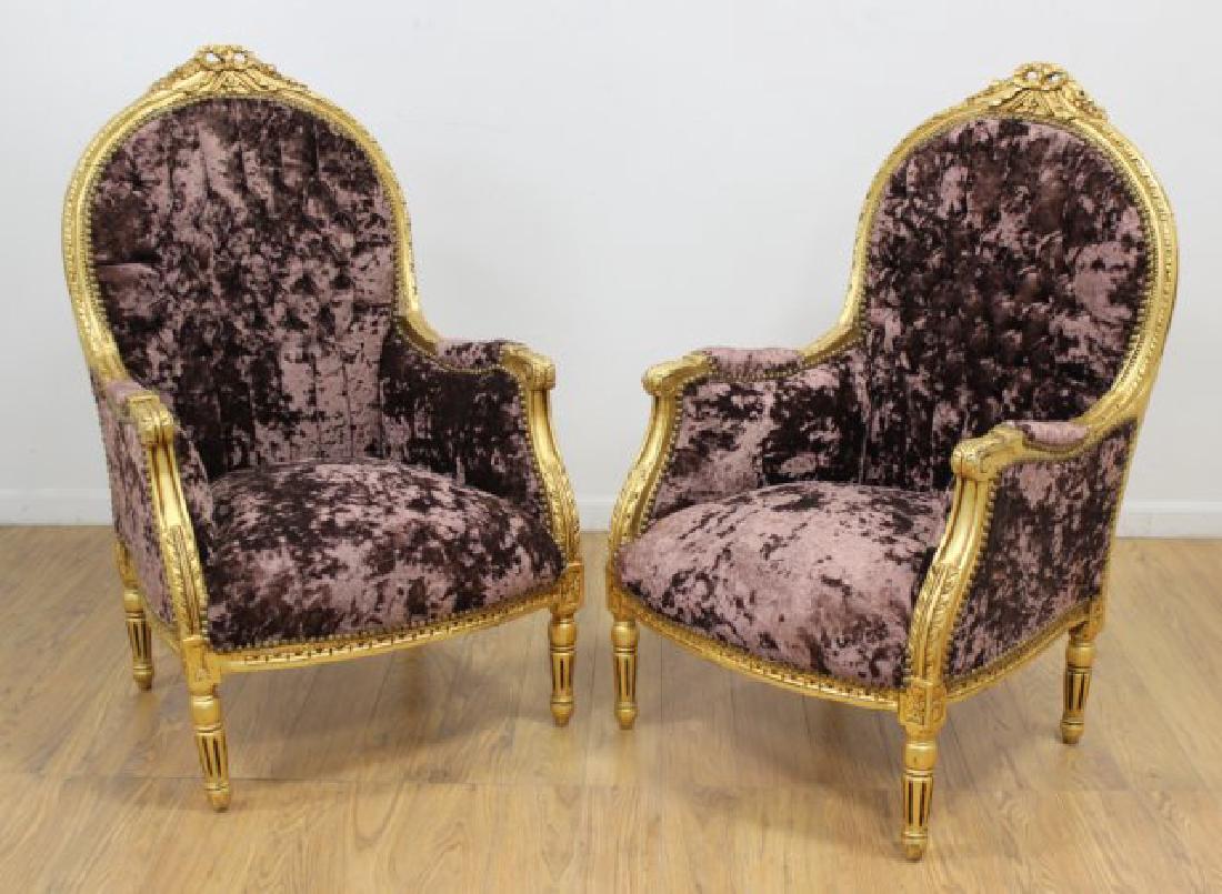 Pr Louis XVI Style Purple Crushed Velvet Fauteuils: Contemporary. Giltwood.