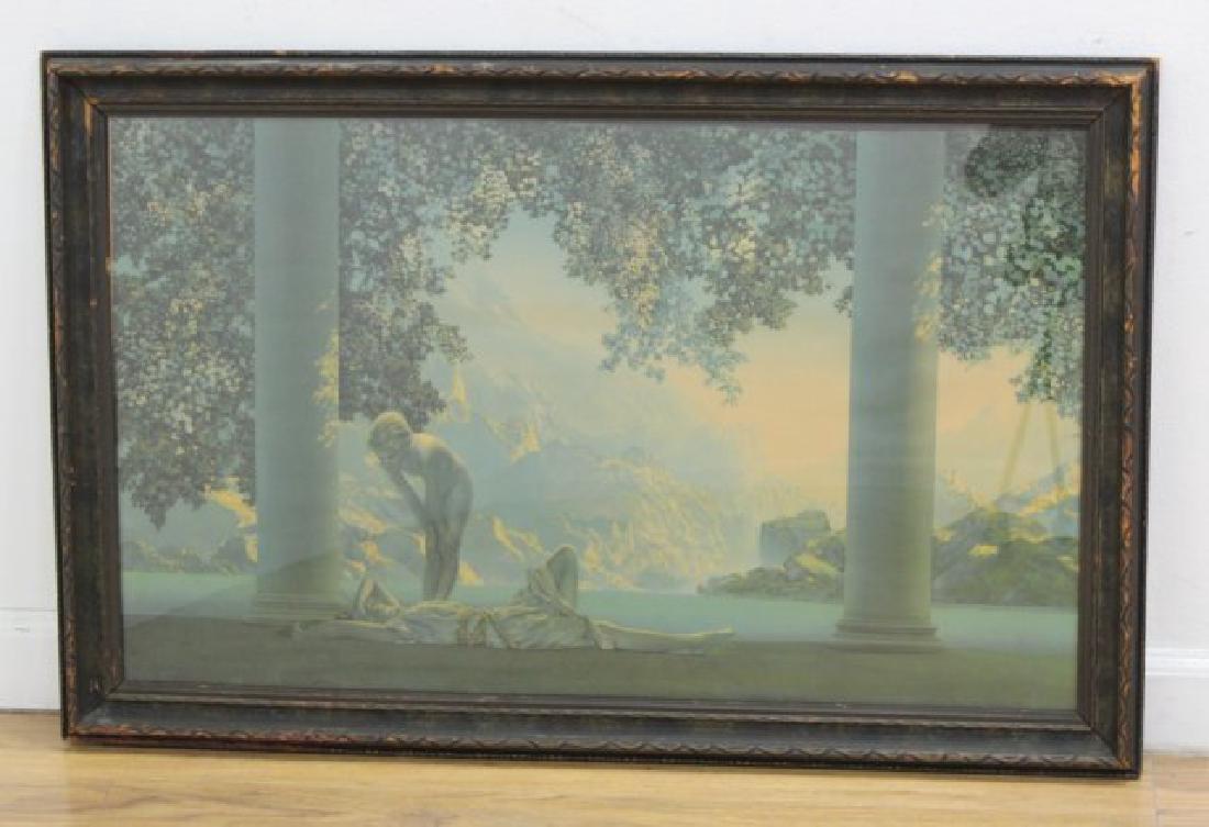 Maxfield Parrish, "Daybreak": Print - House of Art, N.Y. Approx. 18" H x 30" W sight, 21" H x 33" W framed.