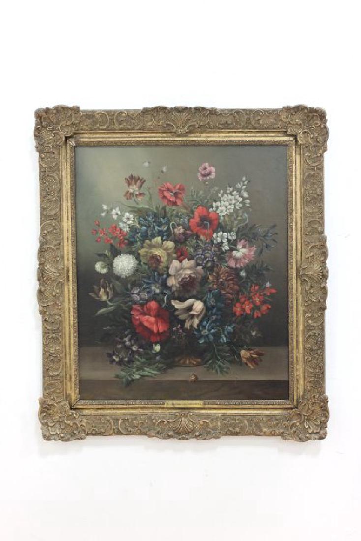 Jacob Van Doust, Floral Still Life: Oil on canvas. Signed lower right. 20th century. Approx. 30" H x 25" W unframed, 38" H x 33" W framed. Damage to frame left corner.From a Long Island Estate.