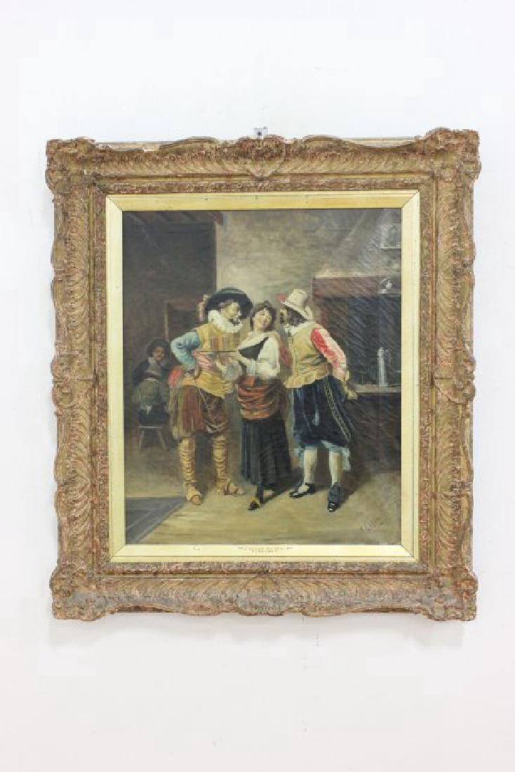 Ferdinand Roybet, "Between Two Fires": Oil on canvas. Signed lower right. Approx. 24" H x 20" W unframed. Damages to frame.From a Long Island Estate.