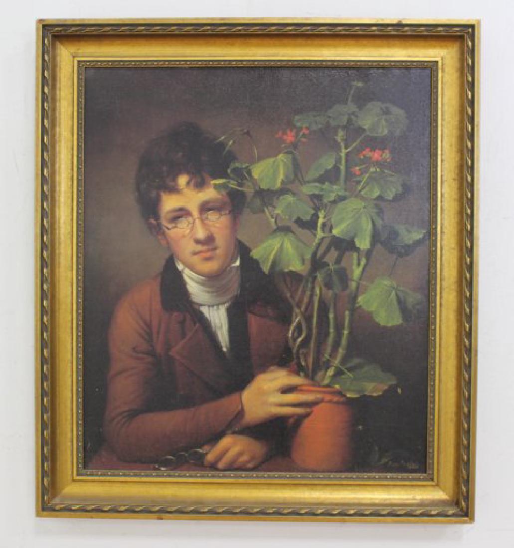 After Rembrandt Peale, "Ruben's Peale with...": "Ruben's Peale with a Geranium." 20th century. Approx. 28" H x 24" W sight, 33 1/2" H x 29 1/2" W framed.