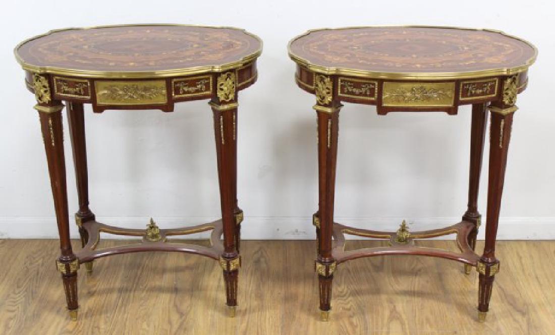 Pair Louis XVI Style Inlaid Wood Oval Side Tables (1 of 3)