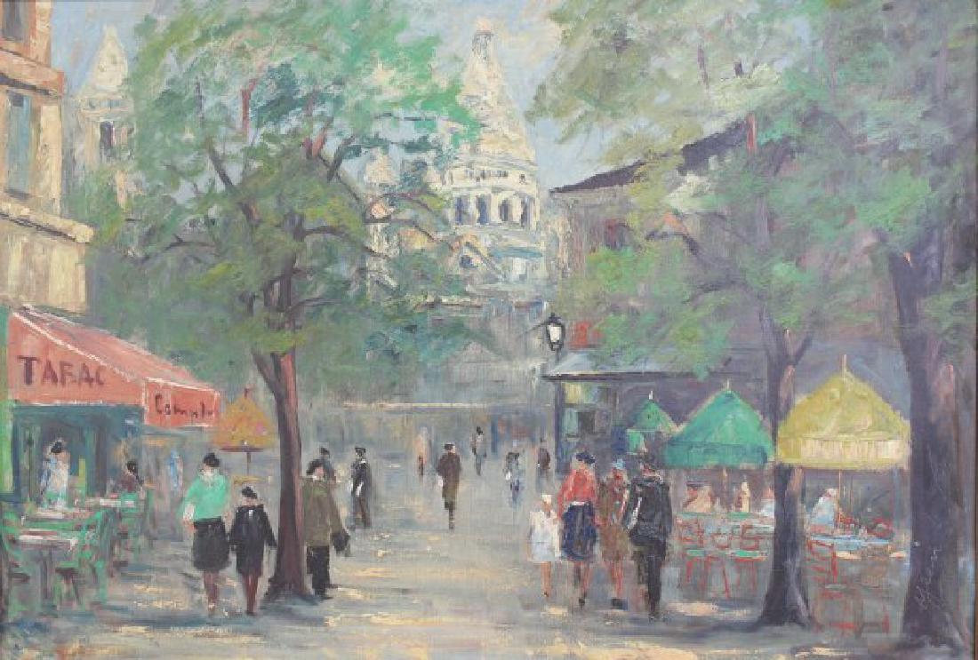 :Paris Street Scene: Oil on canvas. Signed illegibly Jean Le..... Approx. 26" H x 38" W unframed, 31" H x 43" W framed.