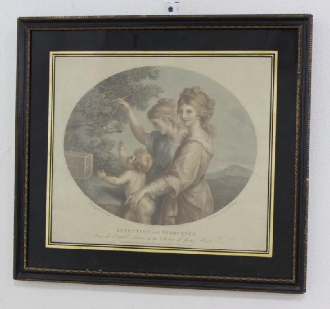 :Francesco Bartolozzi, Affection & Innocence: Colored engraving. London 1810, published by Anthony Molteno. Francesco Bartolozzi (1727-1815). Approx. 12" H x 14" W sight, 17" H x 19" W framed. From the estate of Arthur Adlman, New York, NY and Ca