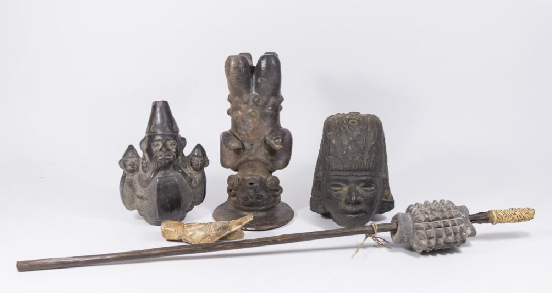 Lot 5 Pre-Columbian & African Style Objects: Including 2 ceramic deities, one African stone head, one bone sculpture, and possibly walking stick. Tallest ceramic approx. 12" H. Damages and wear.