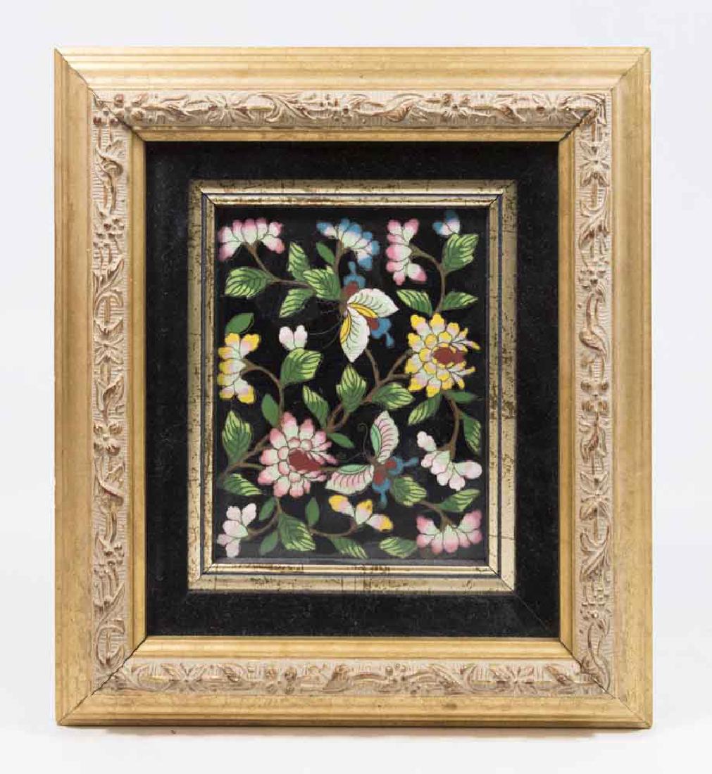 Cloisonné Framed Plaque: Depicting flowers and butterflies. Approx. 5 3/4" H x 4 1/2" W image, 10" H x 9" W framed. (6047)