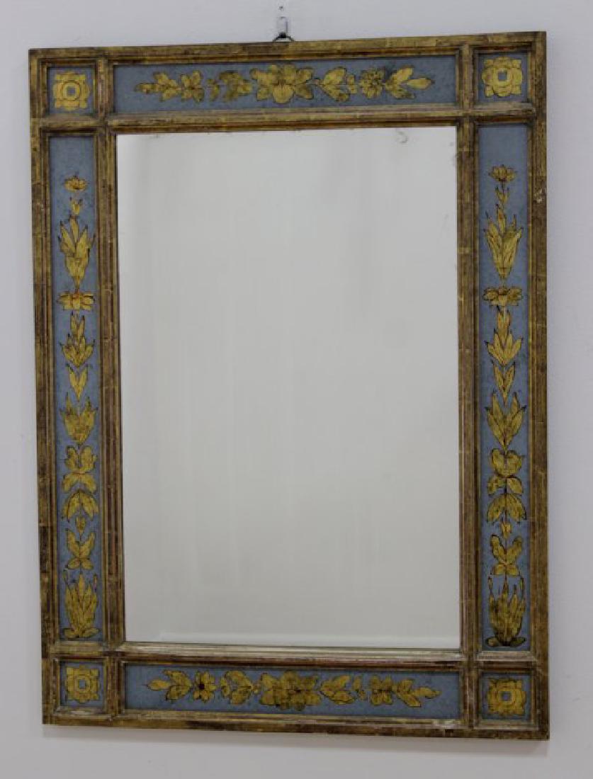 Eglomisé & Giltwood Mirror: Approx. 44" x 33". From the estate of Carol Firestone, New York, NY. Wear.