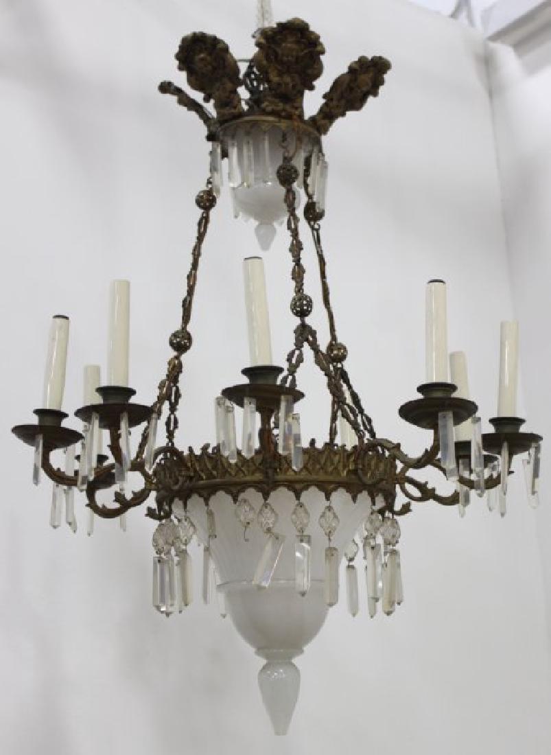 French Repousse Brass & Milk Glass Chandelier (1 of 3)