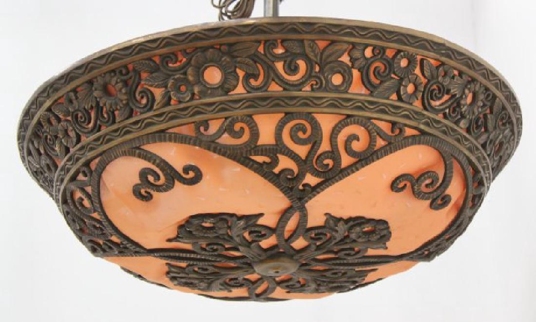 Art Deco Bronze Chandelier, After Edgar Brandt: Approx. 24" H x 25" diameter. (061399H)
