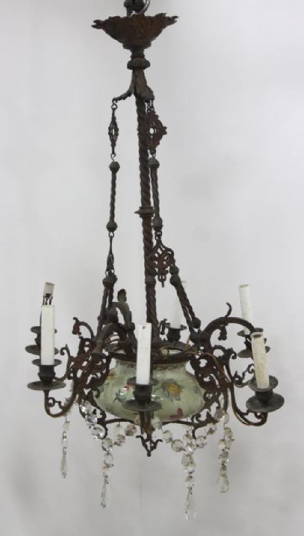 Victorian Brass & Ceramic 9-Light Chandelier: Approx. 33" H x 22" diameter. (SF1916)