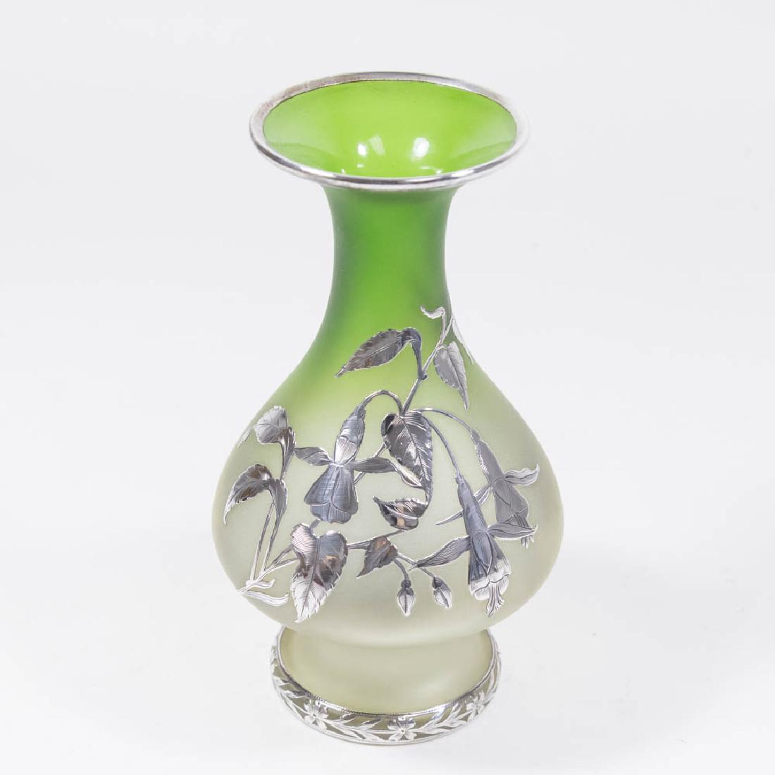 Art Glass Silver Overlay Green Vase with Flowers: Approx. 7 1/4" H. (6032)