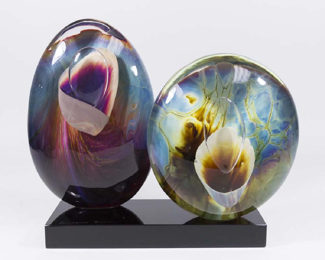 "Loredano Rosin" Murano Double Glass Sculpture: Signed. Italian 1948-1991. Paper label. Approx. 14 3/4" x 18" total with base.