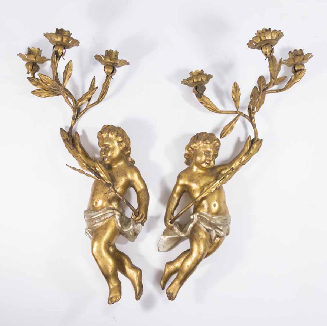 Pair Carved Wood Gilt Putti Figural Sconces (1 of 5)